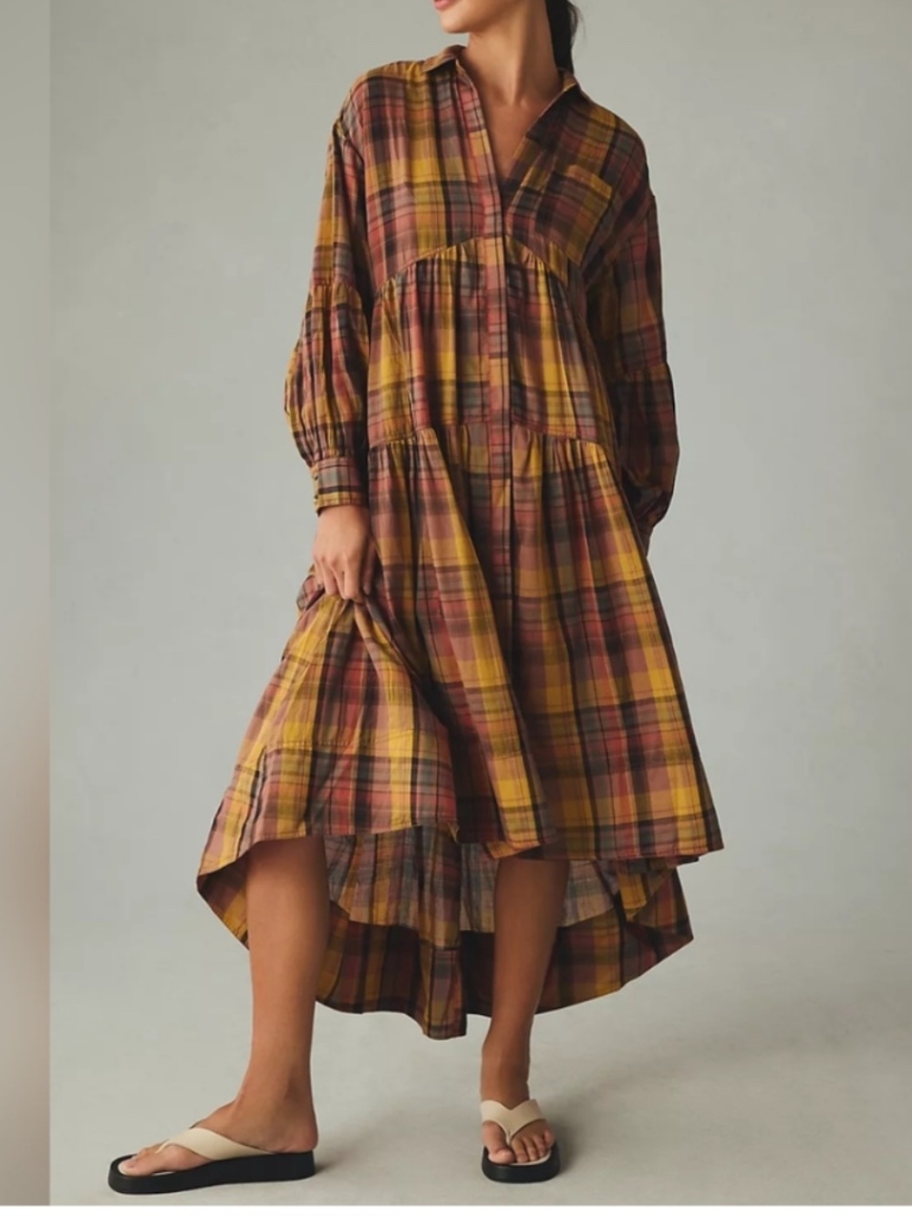 Anthropologie Pilcro Dress Button Front Open Or Closed Plaid Check Print Tiered